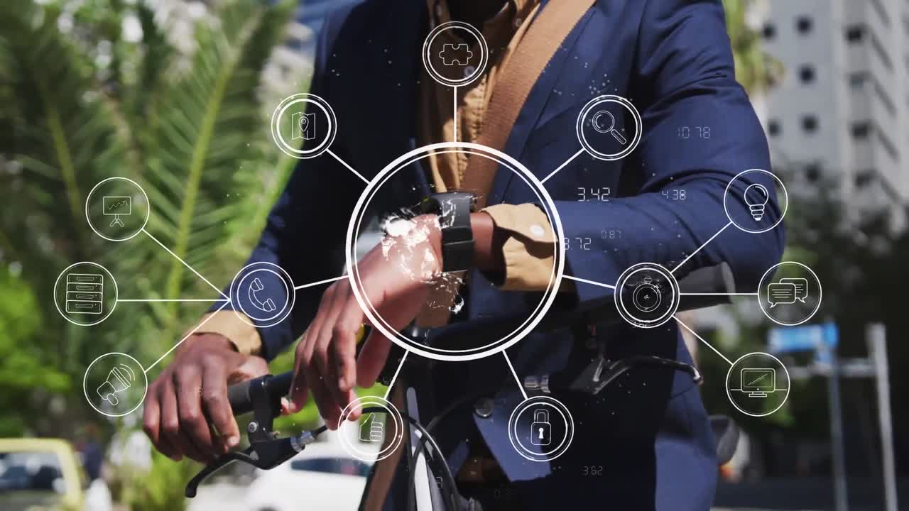 Animation af digital grænseflade med globus og forbundne ikoner og mand, der bruger smartwatch på gaden