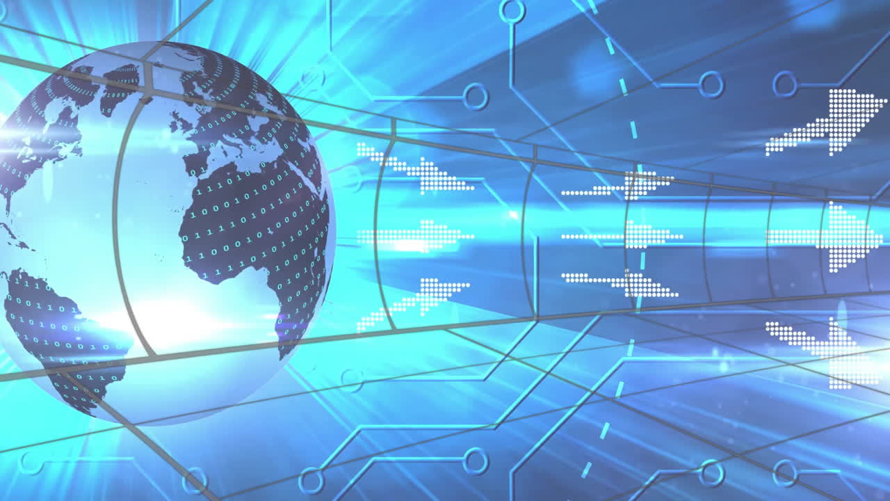 Digital arrows and binary code animation over globe and network connections