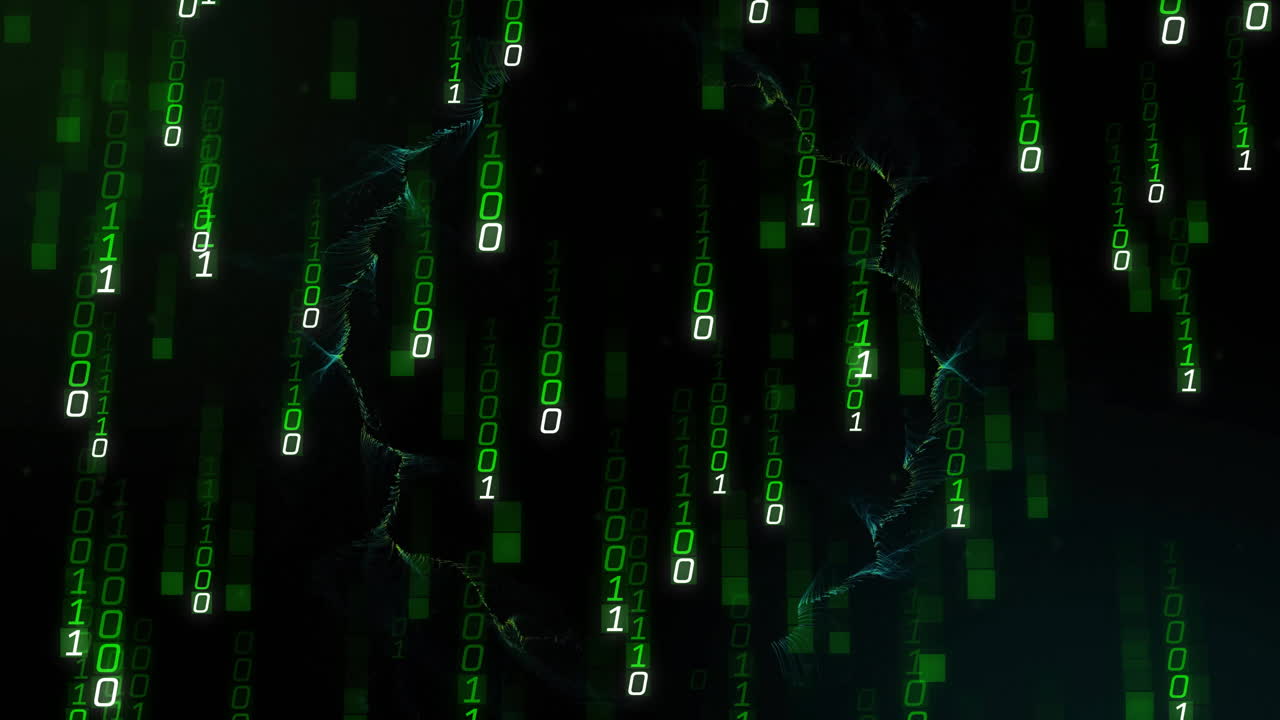 Animation of binary coding and shapes on black background