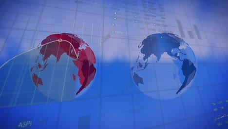 Animation-Der-Statistischen-Datenverarbeitung-An-Der-Börse-über-Sich-Drehenden-Globen-Vor-Blauem-Hintergrund