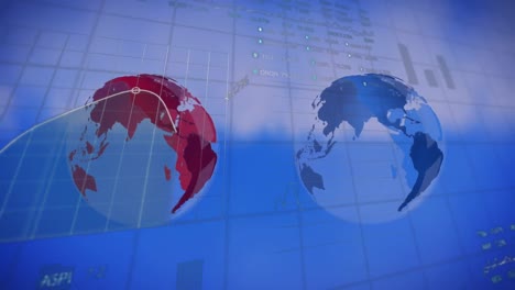 animation of statistical, stock market data processing over spinning globes against blue background