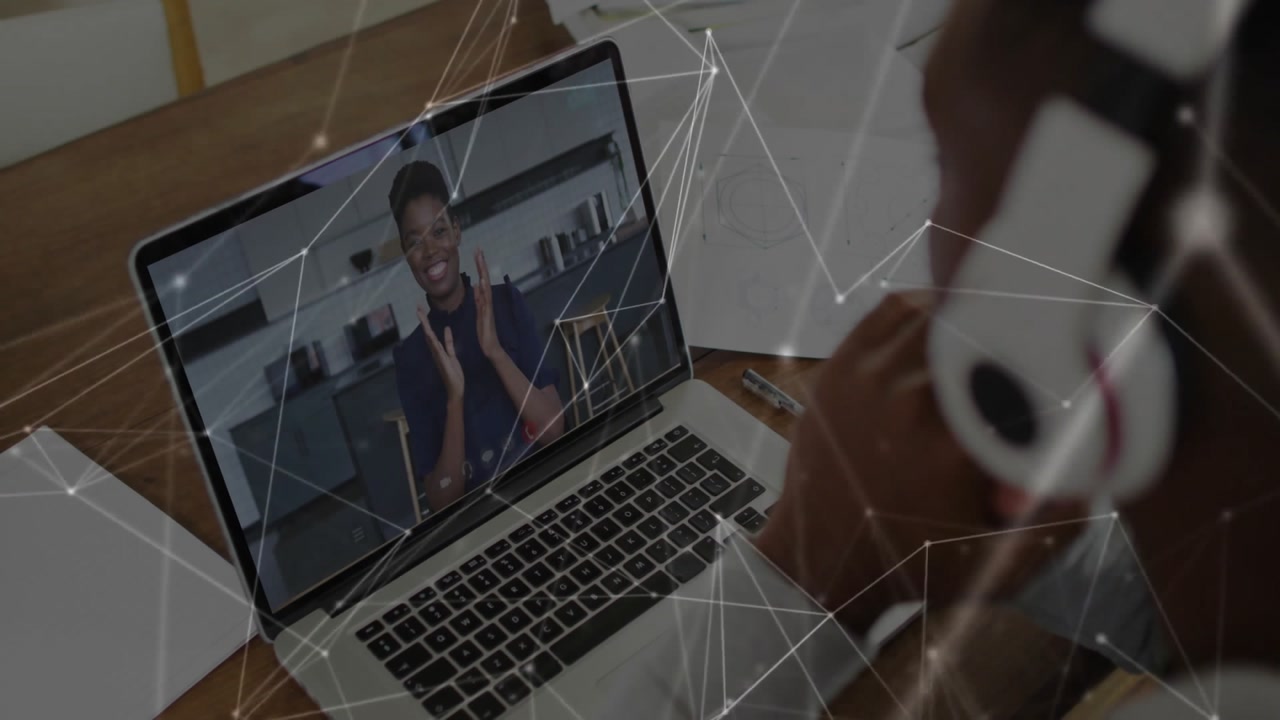 Man opening laptop joining business call discussing with colleague gesturing amid network animation