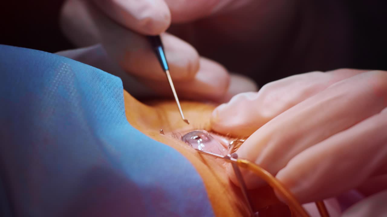 corrección de la visión con láser. un paciente y un equipo de cirujanos en la sala de operaciones durante una cirugía oftalmológica. especulo del párpado. tratamiento de lasik. paciente bajo una cubierta estéril