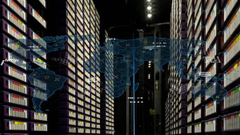 animation of world map and data processing over computer servers