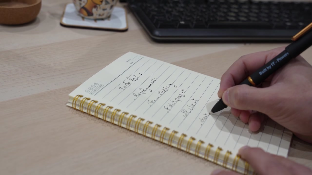 Inquadratura di mani maschili che scrivono una lista di cose da fare giornaliera su un quaderno a spirale usando una penna nera. La moderna scrivania in legno presenta una tastiera di computer e una tazza decorativa sullo sfondo sfocato.