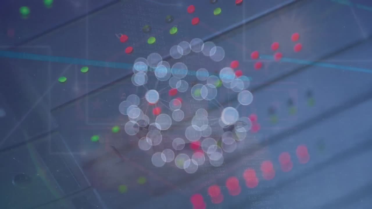 animación de iconos conectados que forman un globo sobre luces multicolores en el equipo