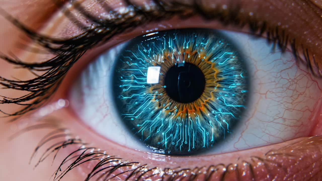 A Stunning Close-Up of a Cybernetic Eye with Glowing Circuitry Reflecting Advanced Technology and Digital Innovation Transforming Human Vision