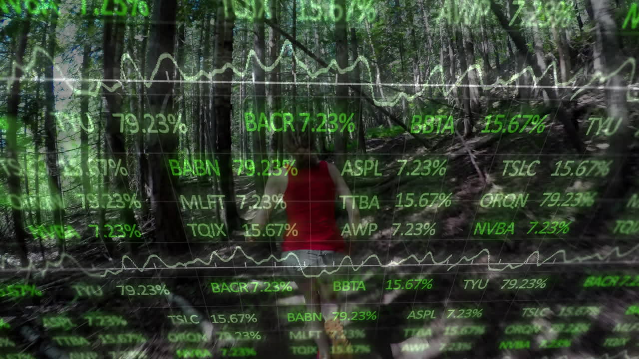 animación de datos del mercado de valores sobre una persona corriendo por un sendero forestal