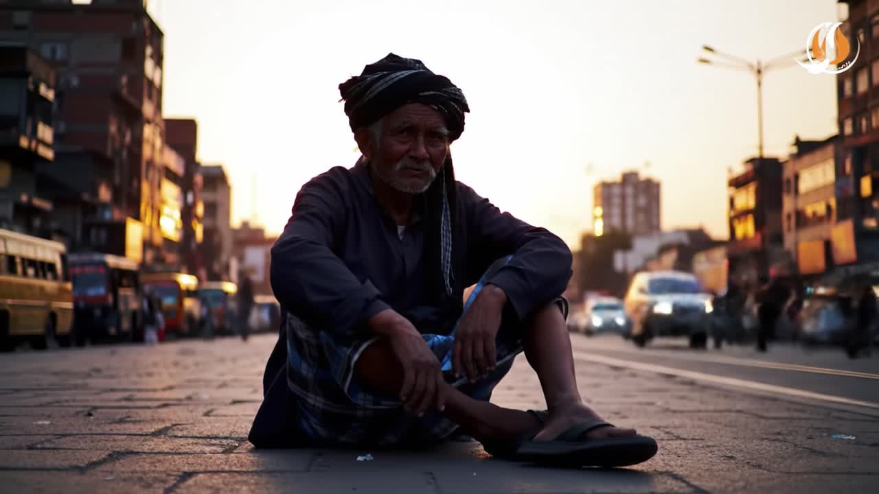 An elderly man sits calmly on the pavement during sunset, surrounded by a busy urban environment. Vehicles pass by as the day's light fades, creating a warm ambiance.
