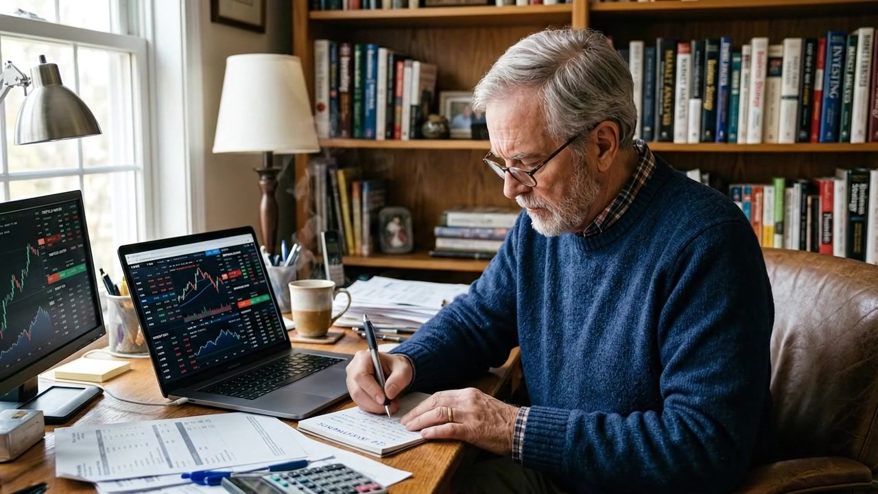 Hombre mayor analizando datos financieros del mercado de valores en su oficina en casa