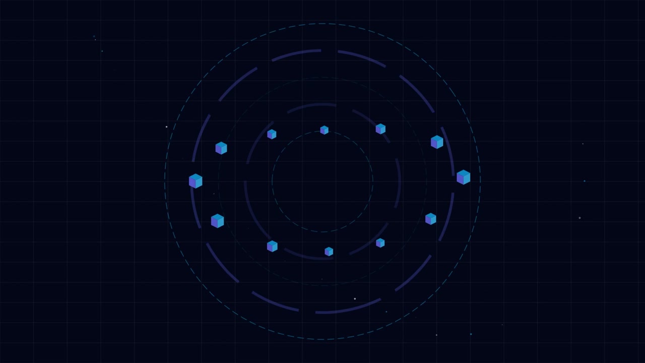 Abstract Digital Animation of Rotating Cubes in Circular Orbits