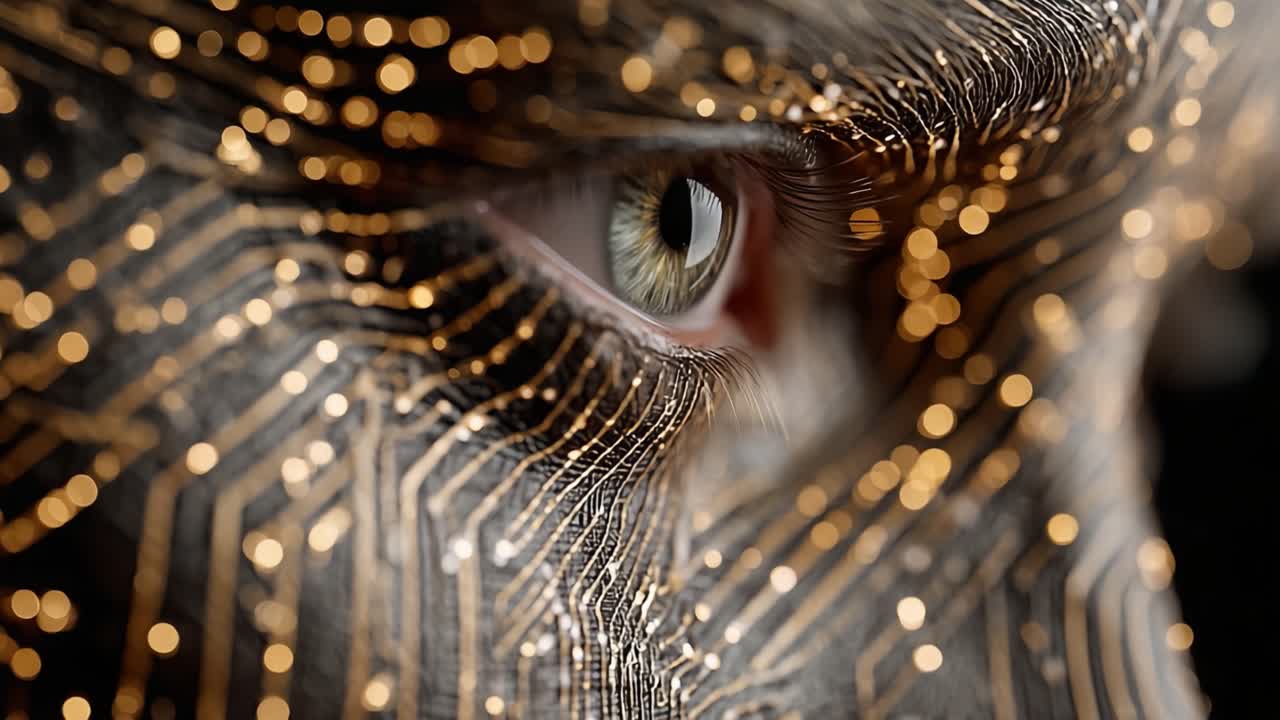 Esplorando l'intersezione tra tecnologia e umanità: un sorprendente primo piano di un occhio umano incastonato con intricati motivi a circuito e luminosi riflessi dorati.