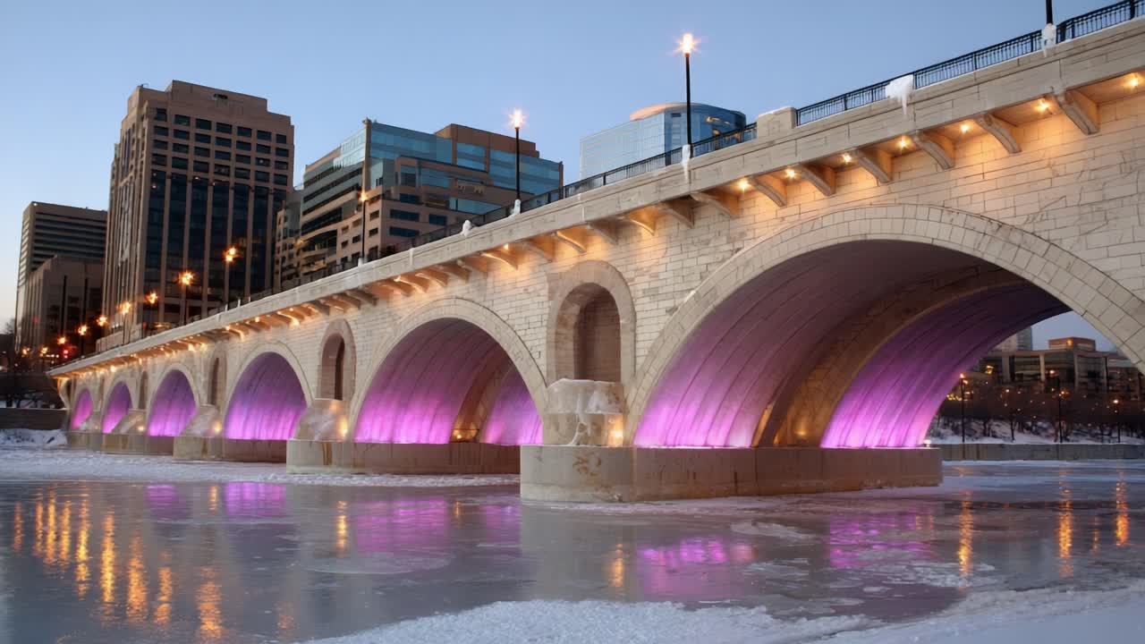 Illuminated Bridge over Frozen Waterway: A Stunning Presentation of Architectural Beauty, Modern Design, and Vibrant Lighting Reflected on the Icy Surface in a Urban Landscape