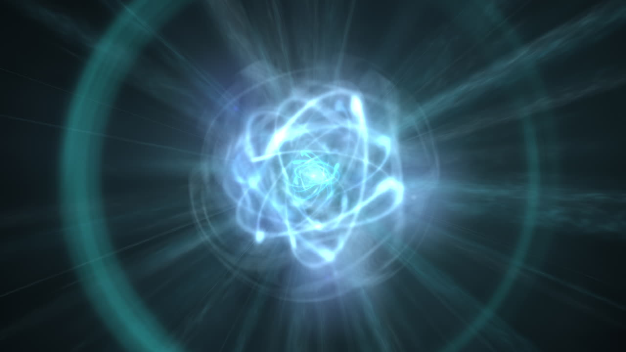 창하는 빛 반지, 다중 전자 도 수준 및 핵에서 방출되는 붕괴 스파이크와 함께 원자 구조 시레이션