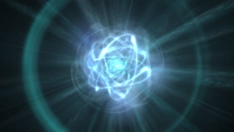 Atomic structure simulation with expanding light rings, multiple electron orbit levels and decay spikes emanating from nucleus