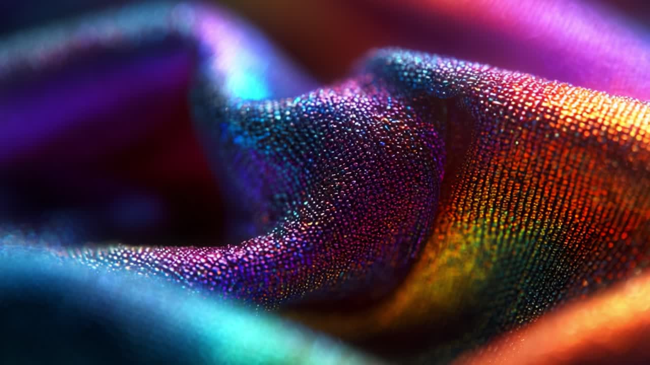 Close-Up of Colorful Fabric: A Beautiful Study in Texture and Reflection, Showcasing the Stunning Iridescence and Vibrancy of Material That Captures Light and Color in an Artistic Way