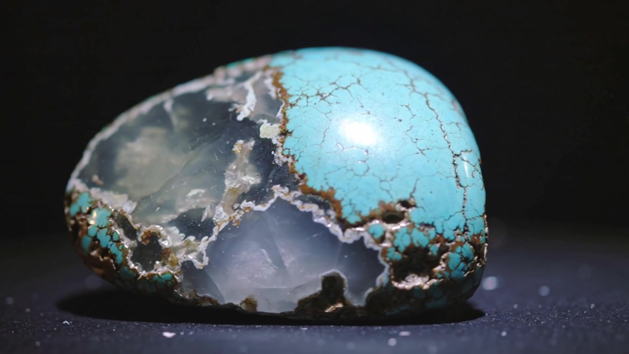 Nodule turquoise tournant sur un plateau, révélant une cavité gris-blanc sur un présentoir sombre, sous les lumières de studio