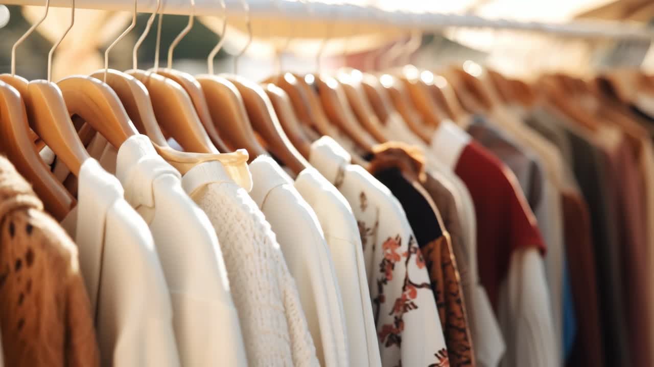 Warm-toned video still of a clothing rack with cozy sweaters, captured from a side angle