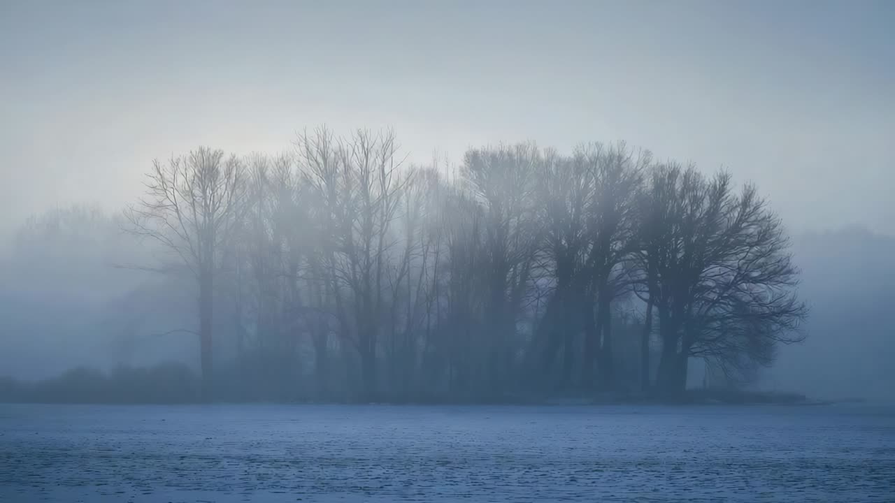 Shifting morning light revealing bare deciduous trees on low rise at frozen field as fog thins