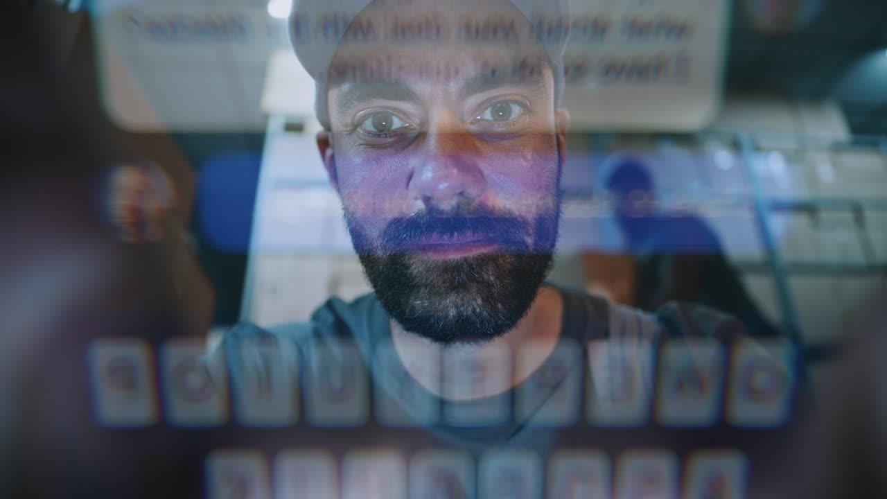 POV From Smartphone Screen Male Worker Using Phone Chatting in Social Networks