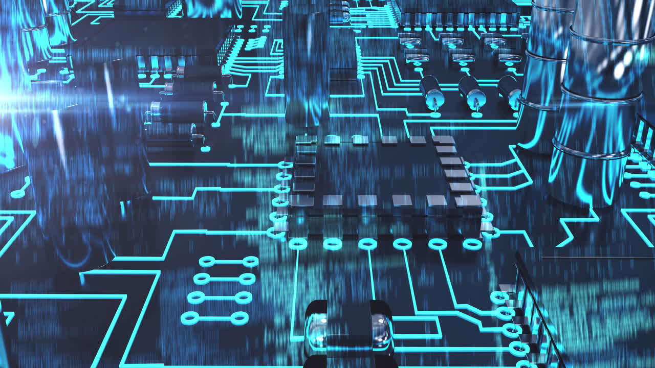Animation of computer circuit board elements over blue background