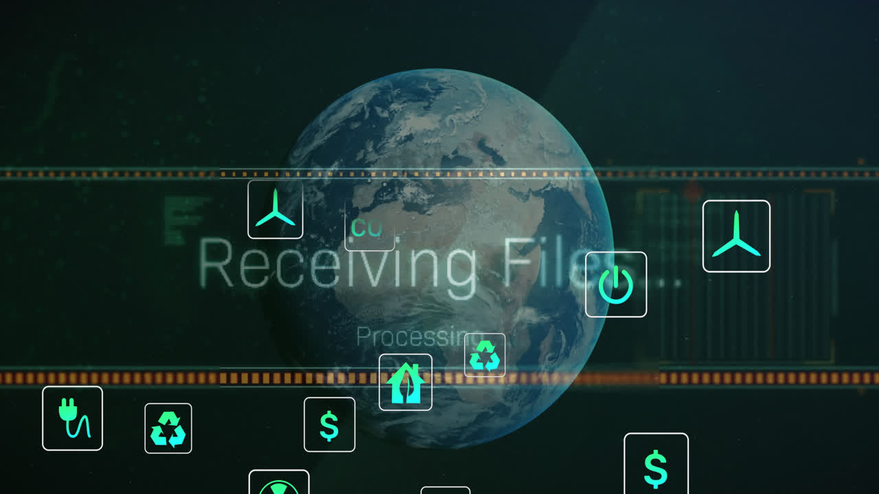 Animation of ecology and green energy icons over globe