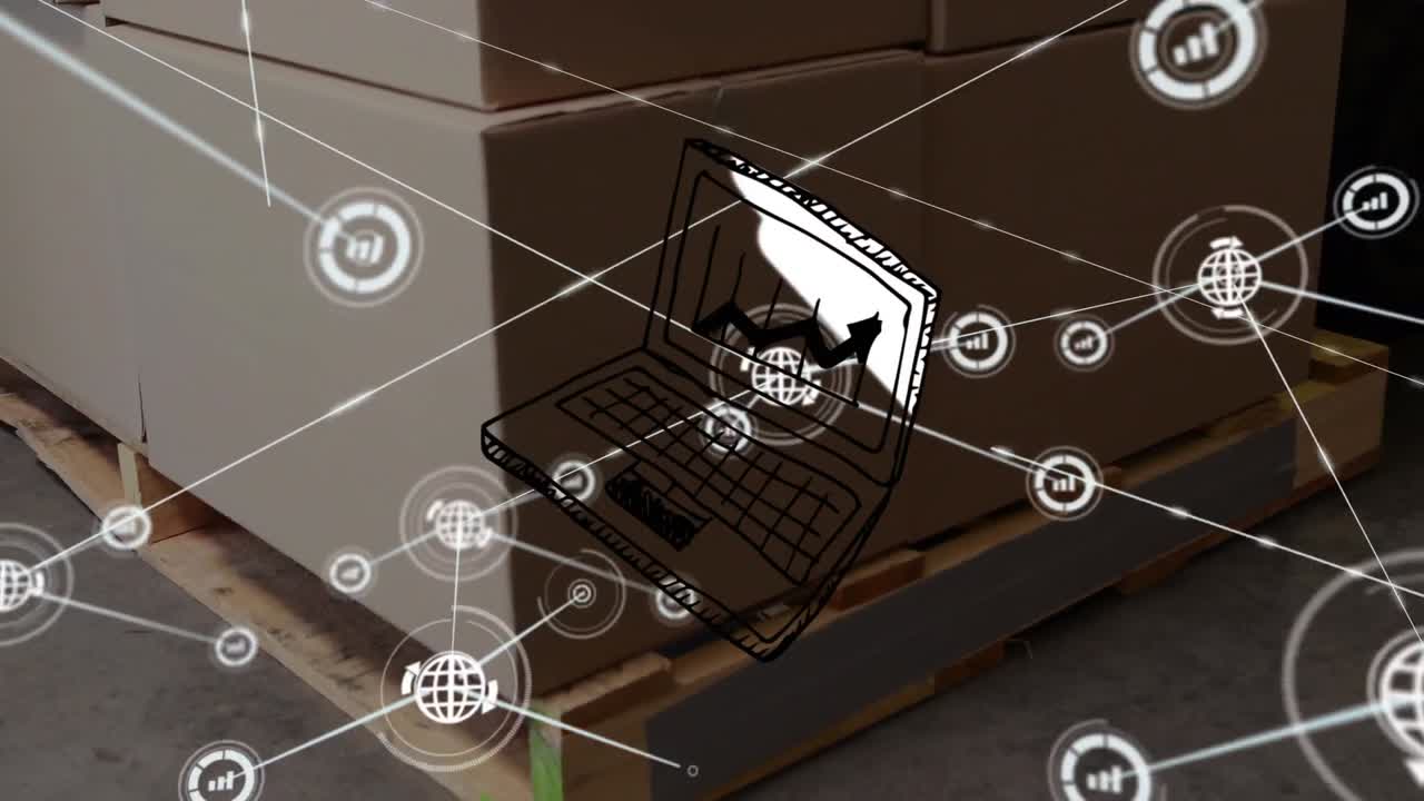 animación de la ilustración del portátil, iconos conectados sobre cajas de cartón en paletas de madera en el almacén.
