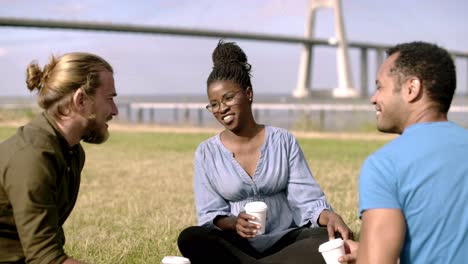 Amigos-Sonrientes-Tomando-Café-Mientras-Están-Sentados-En-Un-Prado-Verde.