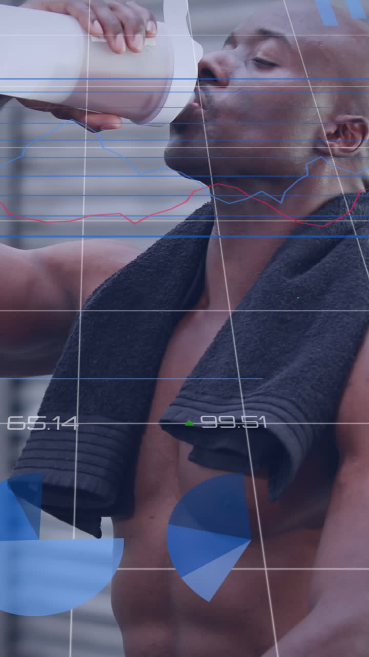 animación de adn y gráficos sobre feliz hombre afroamericano bebiendo agua y descansando en el gimnasio