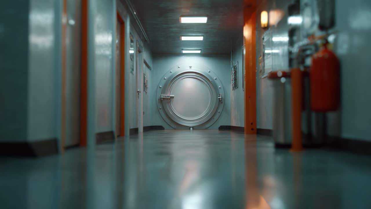 Een futuristische gang met een grote kluisdeur, die een gevoel van mysterie en geheimzinnigheid uitstraalt in een goed verlichte, industriële omgeving met glanzende vloeren