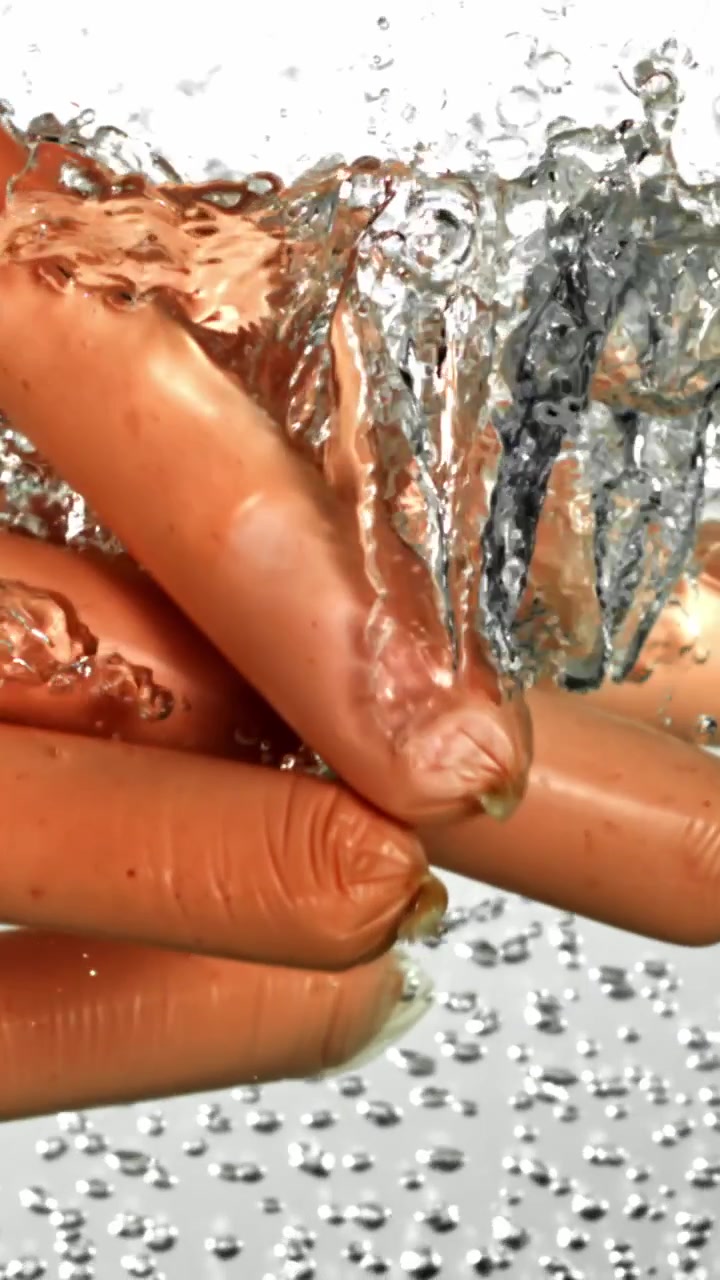 Salsicce che cadono nell'acqua bollente al rallentatore
