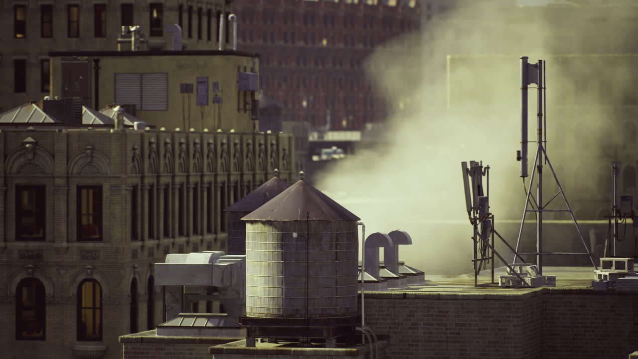 Urban skyline with water tower and steam rising during early morning sunlight