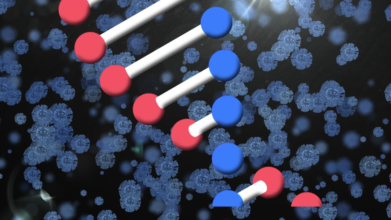 검은 바탕에 있는 dna 구조와 코로나19 세포