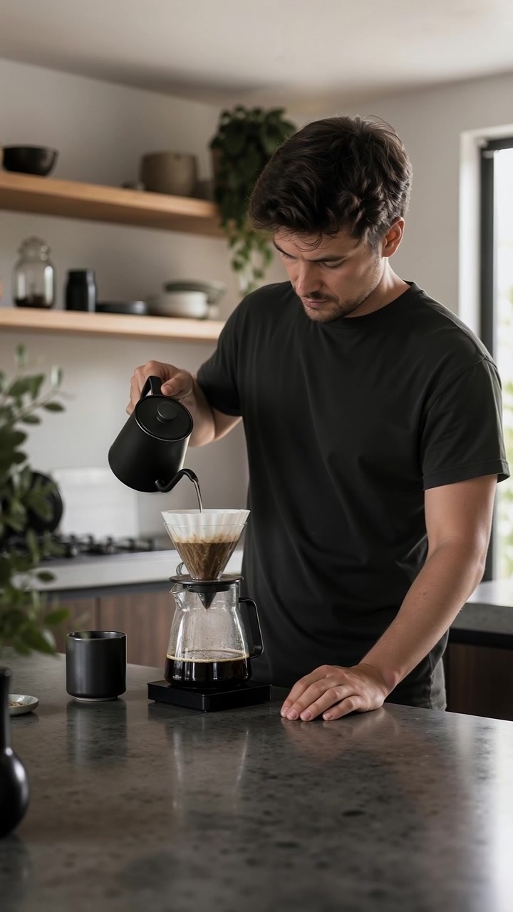 Joven preparando café de goteo con una tetera en una cocina moderna