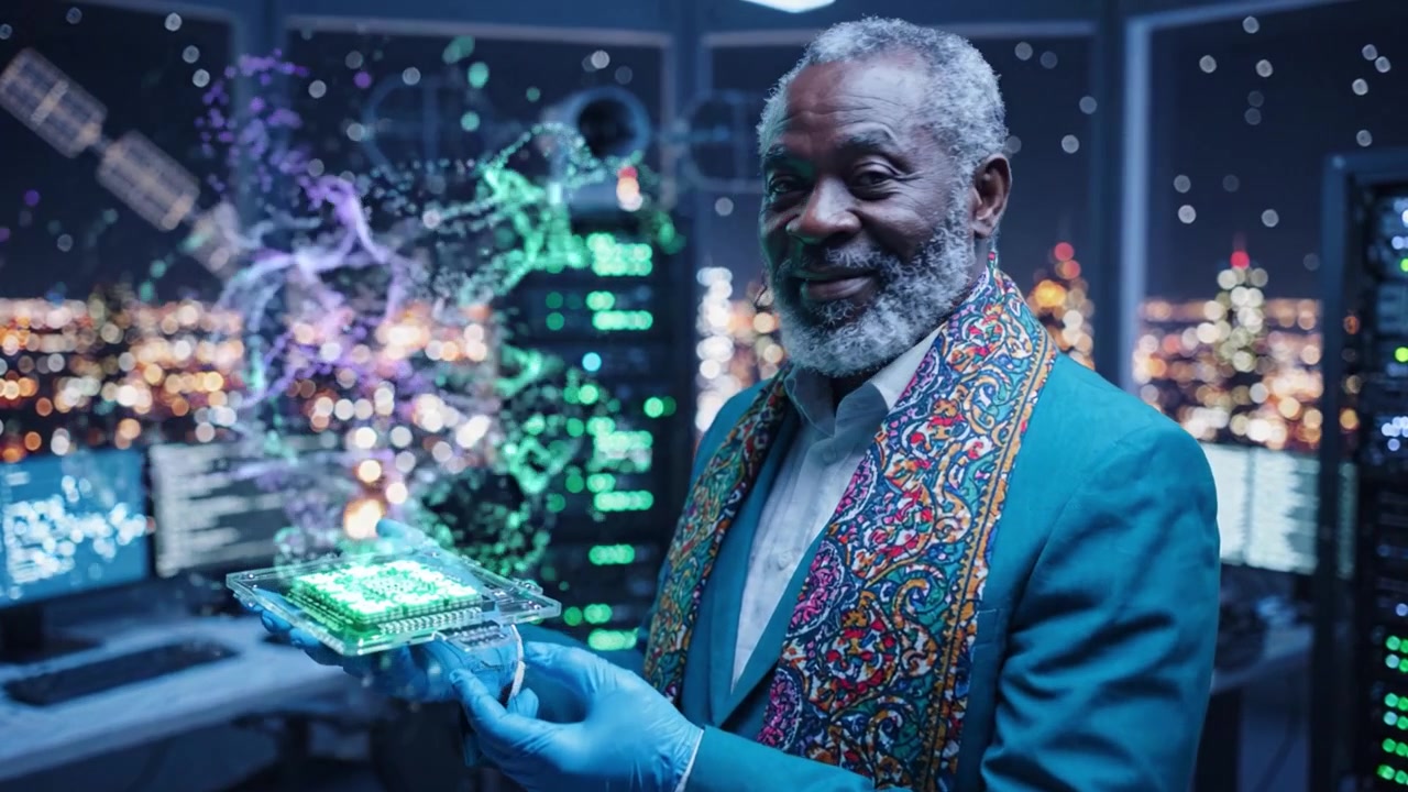 A Celebrated Data Scientist Holding a Circuit Board in a High-Tech Workspace Overlooking a City Skyline at Night, Surrounded by Advanced Computer Systems