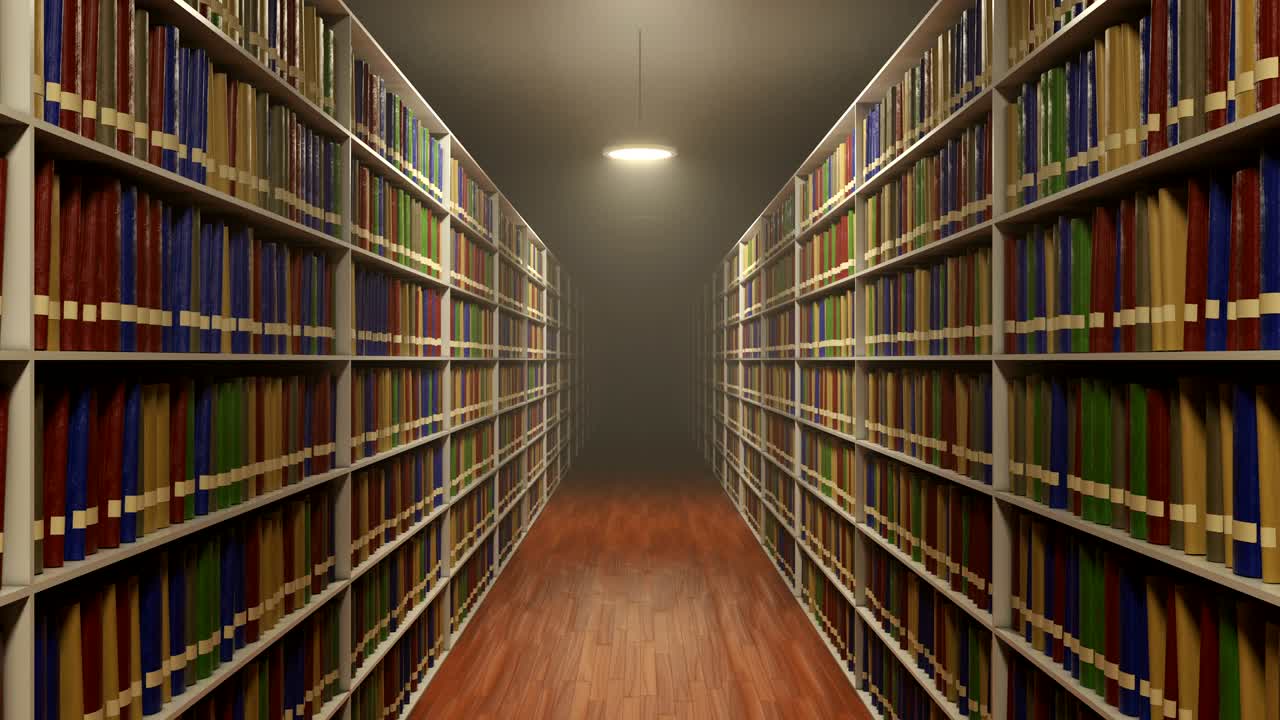 오래된 레트로 스타일의 도서관에서 많은 책을 가진 긴 책장 사이에 이동