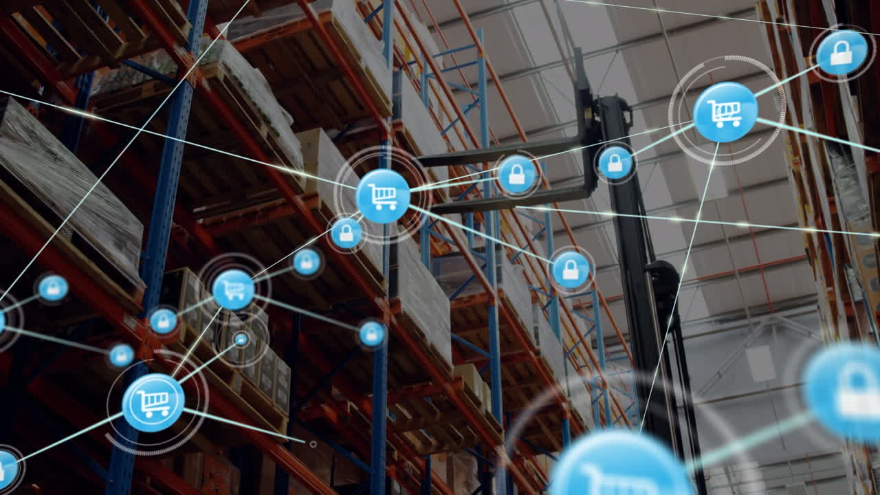 animación de la red de conexiones con iconos sobre el almacén