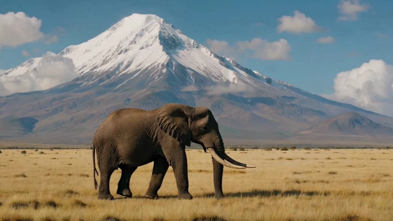 Elephant Walking in African Savanna with Snowy Mountain