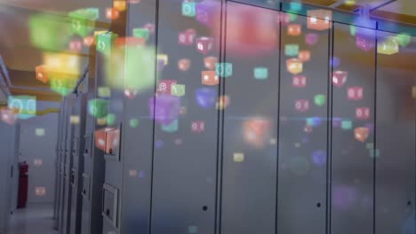 animation of multiple digital icons floating against computer server room