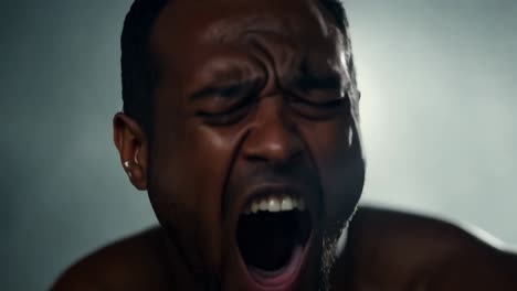 close-up of a man screaming in intense pain or distress