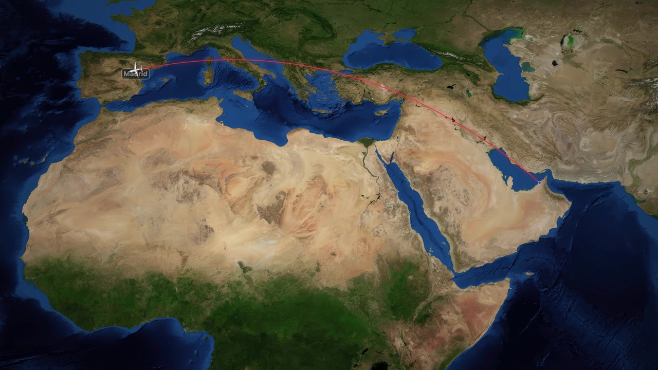 Animated Airplane Flight Path from Dubai to Madrid on World Map