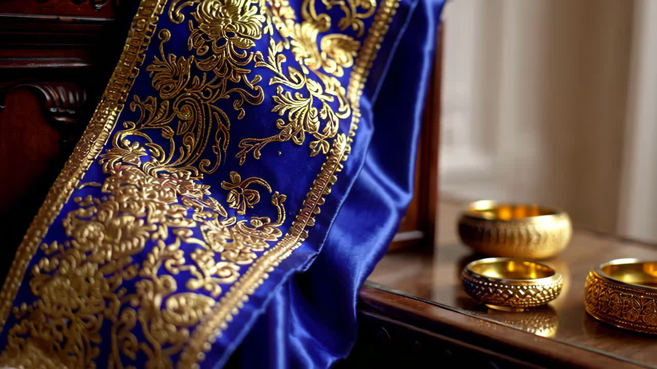 Blue Fabric with Gold Embroidery and Gold Bowls