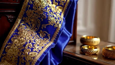 blue fabric with gold embroidery and gold bowls