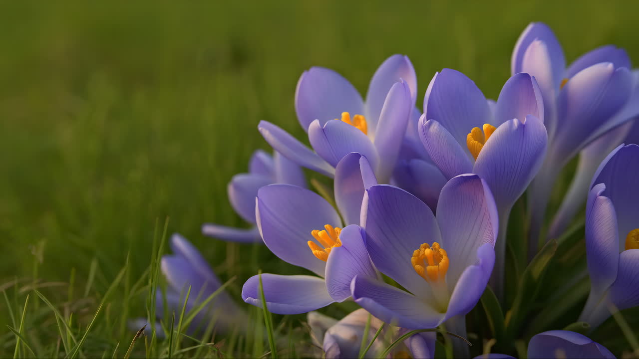 Close-up Bunga Krokus Ungu Mekar di Rumput Hijau