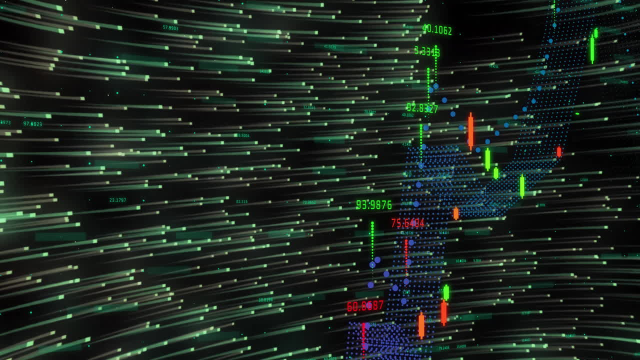 Animation of data processing over light trails on black background