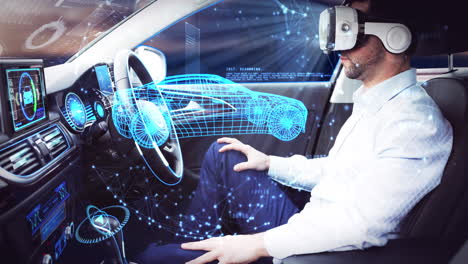 animación de un dibujo de coche 3d sobre un hombre de negocios que usa auriculares vr en un coche de conducción autónoma