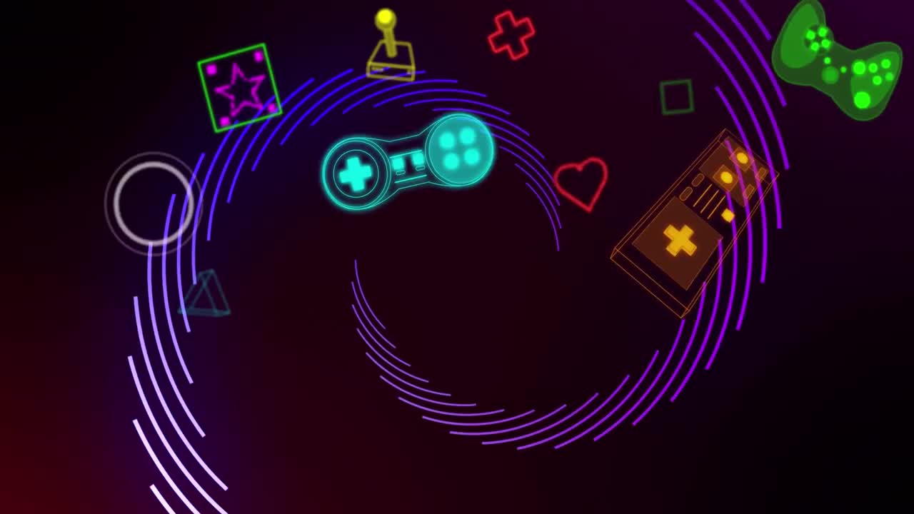 네온 비디오 게임 디지털 인터페이스의 애니메이션이 보라색 빛 트레일 위에서  ⁇ 박이는 모습