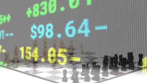 animation of financial data processing over chess pieces on board