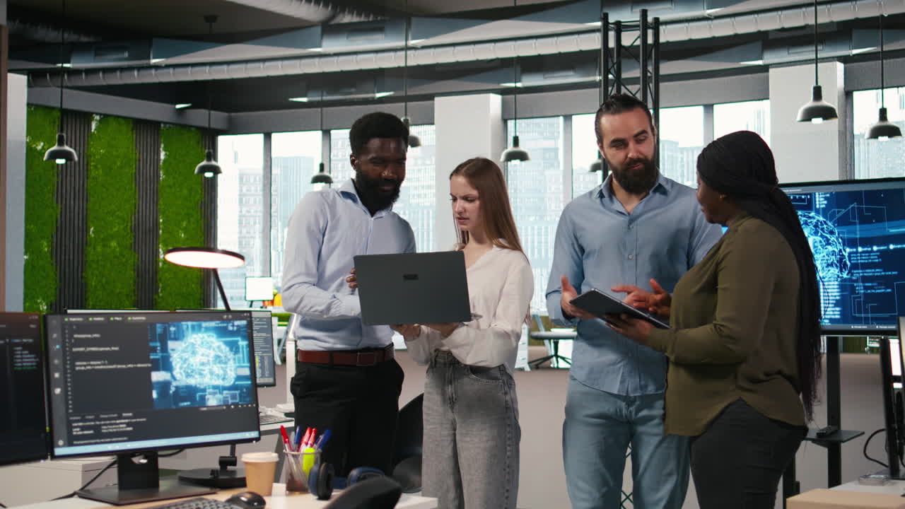 Portrait Of Teamworking Programmers In Office Developing Apps Using Ai