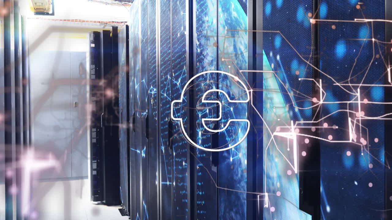 animación del símbolo del euro en la sala de servidores